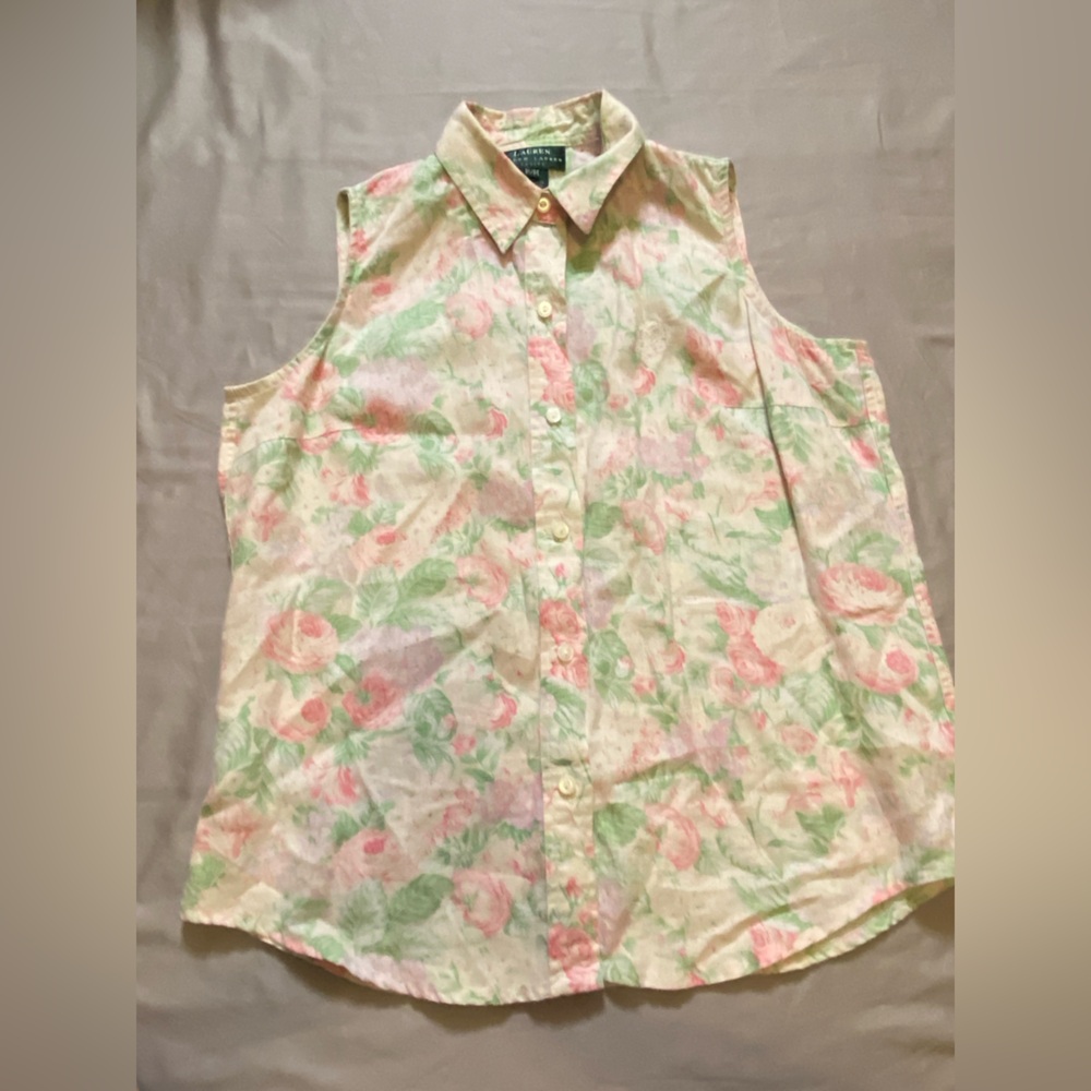 Ralph Lauren 100% linen Pink and Green Floral Blouse Size PM